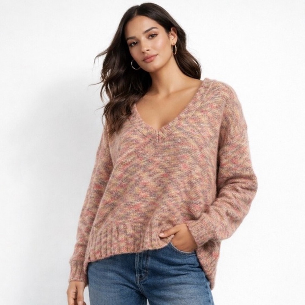 Pilcro v-neck spacedye slouchy marled multicolor knit sweater pink tan size S